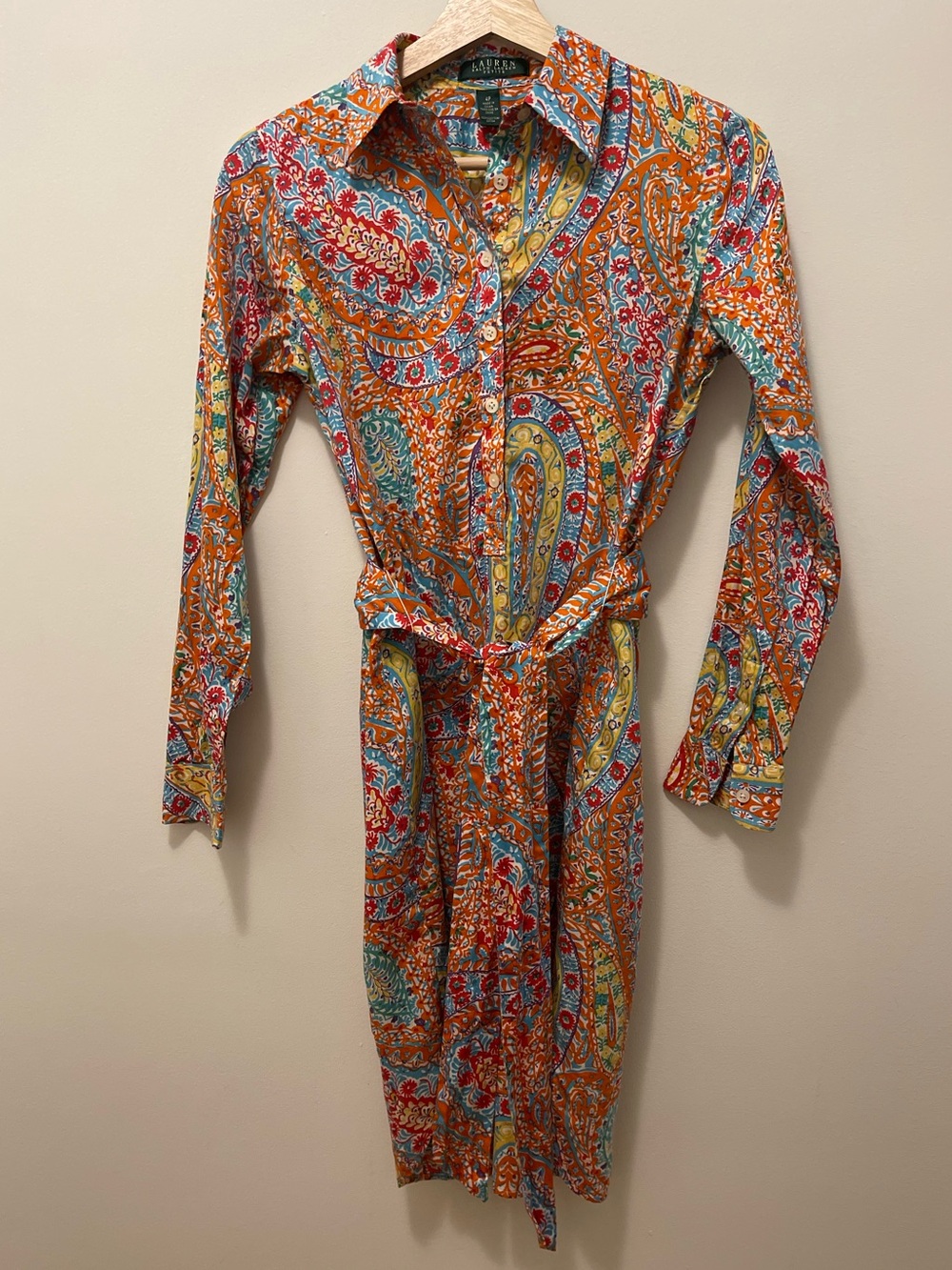 Lauren Ralph Lauren Orange Paisley Long-Sleeve Shirt Dress with Tie Waist